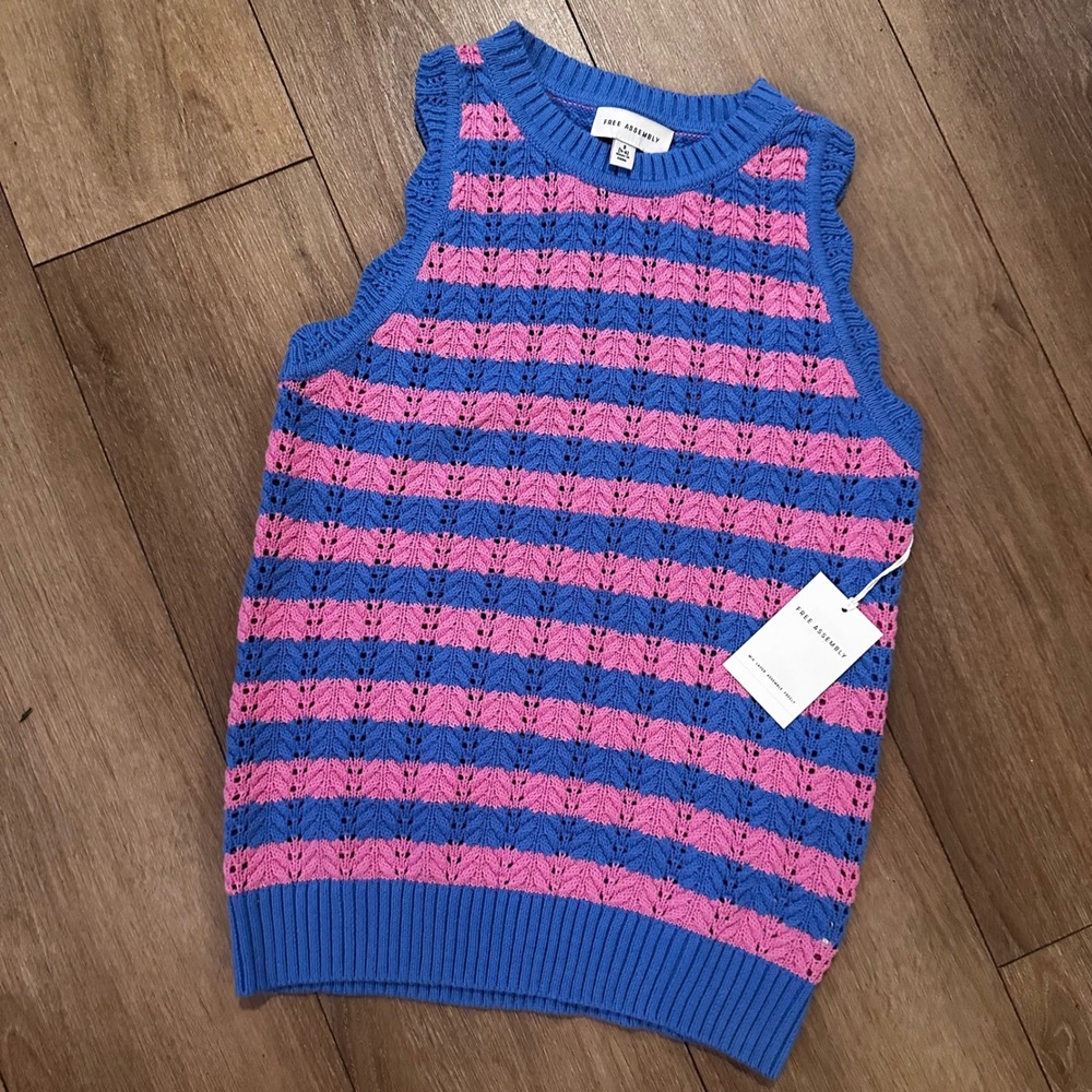Free Assembly Womens Racer Sweater Tank Blue Pink Striped Pointelle Knit Small